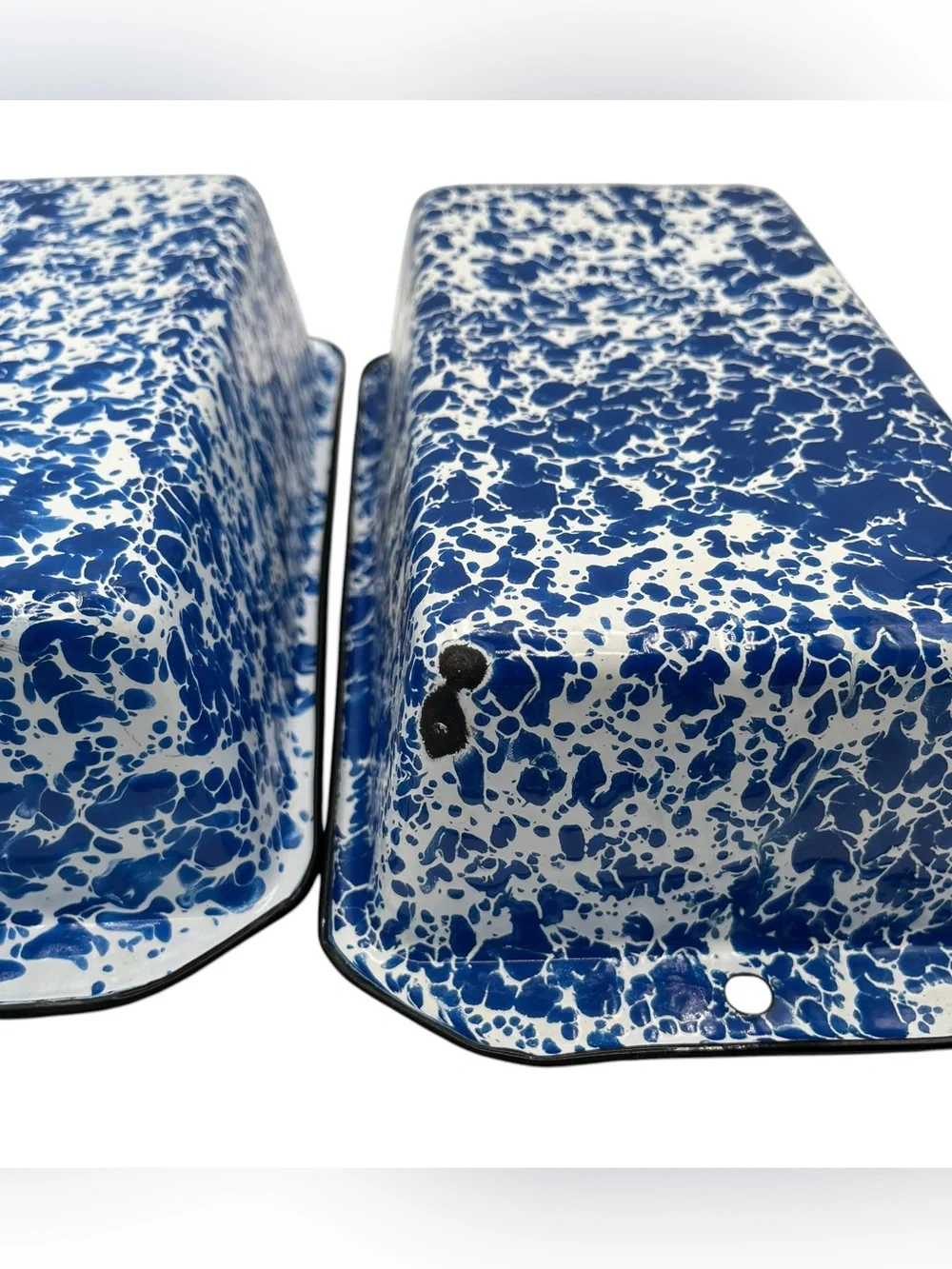 3 Vintage Enamelware Baking Loaf Pans Blue White Splatter CGS International